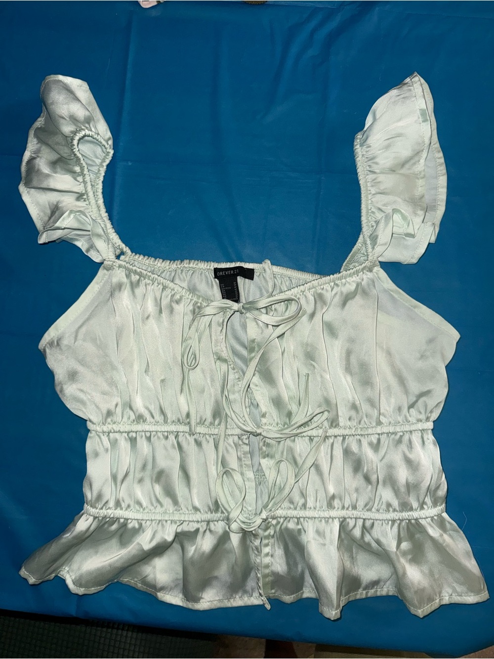 Forever 21 Light Mint Satin Ruffle Tie-Front Crop Top